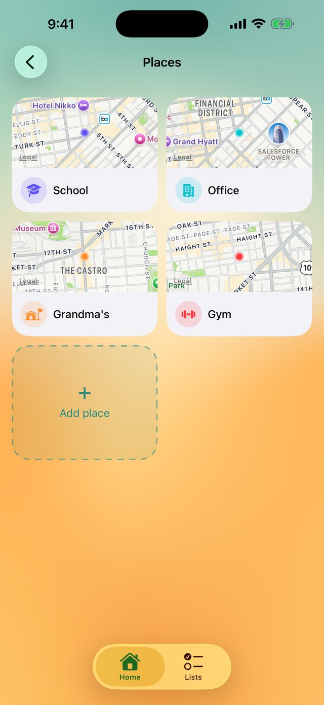 Saved places: School, Office, Grandma's and Gym, each with a small map.