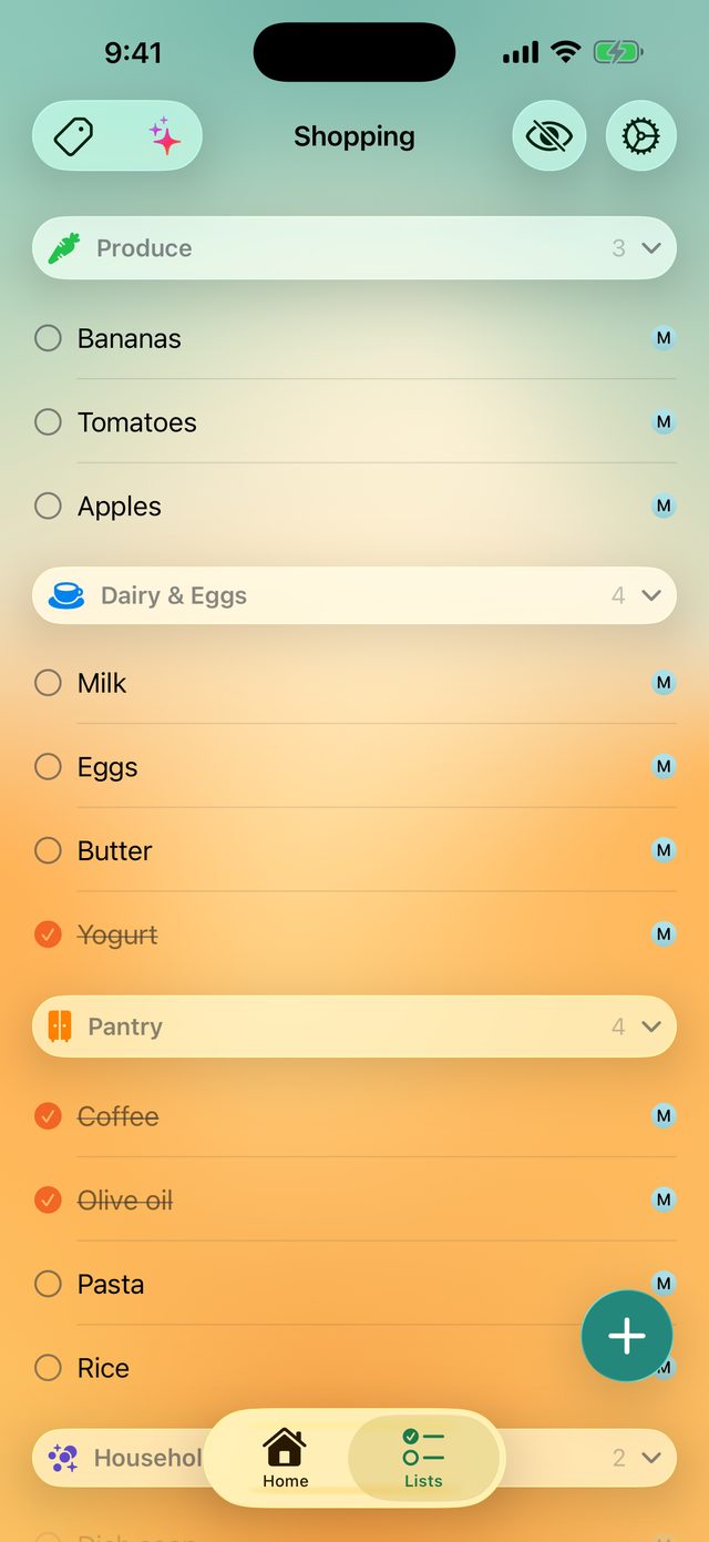 The shared shopping list, grouped into Produce, Dairy & Eggs and Pantry.